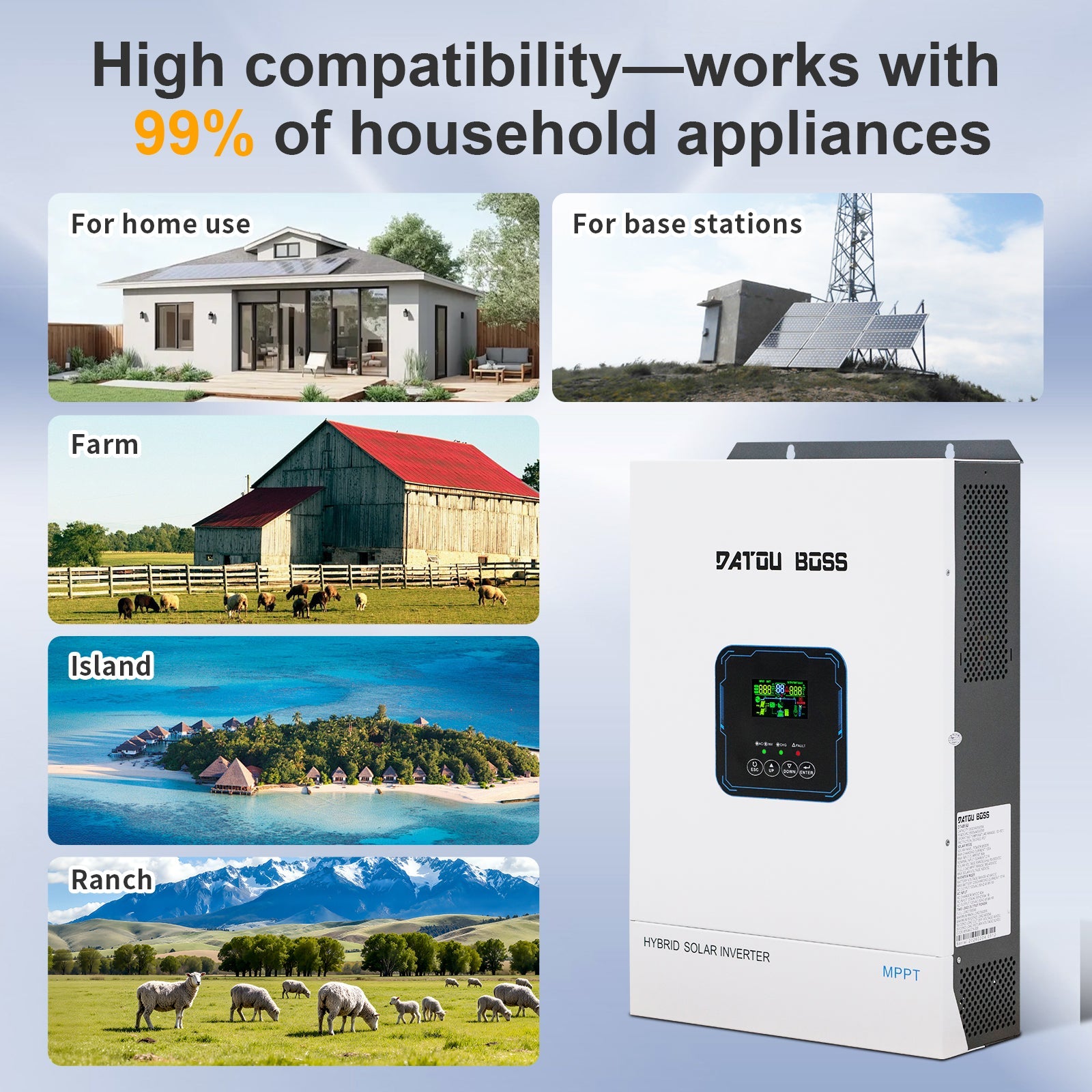 DATOUBOSS hybrid inverter, 48V to 110V, 5500W, supports off - grid, grid - connected, and hybrid modes, 50Hz/60Hz, AC 100V - 120V adjustable output voltage, MPPT controller, photovoltaic charging current up to 120A, suitable for solar power generation - DATOUBOSS Rechargeable Lifepo4 Batteries Voltage Converters InverterSP-DT-4855U-A-US