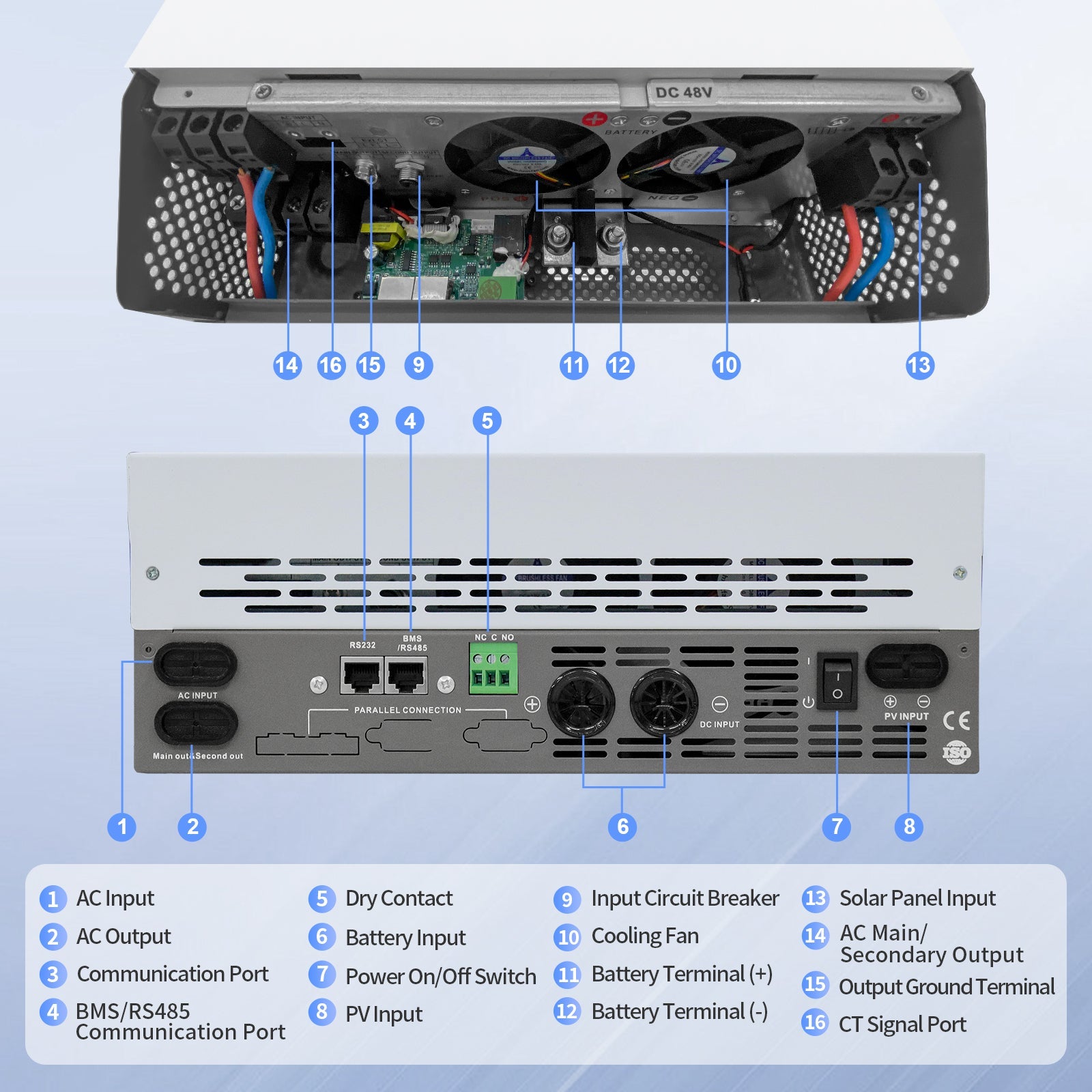 DATOUBOSS hybrid inverter, 48V to 110V, 5500W, supports off - grid, grid - connected, and hybrid modes, 50Hz/60Hz, AC 100V - 120V adjustable output voltage, MPPT controller, photovoltaic charging current up to 120A, suitable for solar power generation - DATOUBOSS Rechargeable Lifepo4 Batteries Voltage Converters InverterSP-DT-4855U-A-US