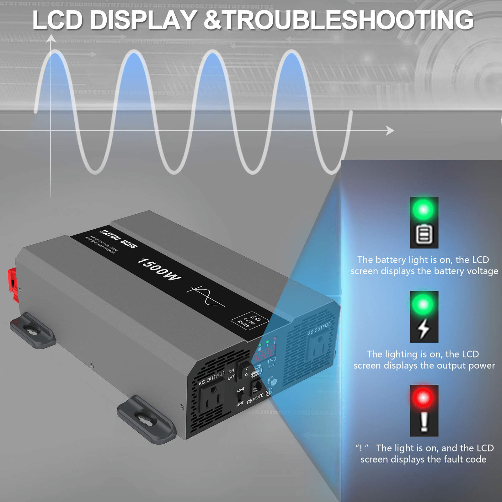 DATOUBOSS pure sine wave power inverter real time voltage and wattage monitor